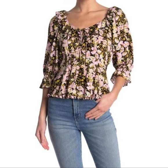 Free People Sweet Memories Floral Crepe Smocked Back Tie Front Ruffle Top - Picture 1 of 14